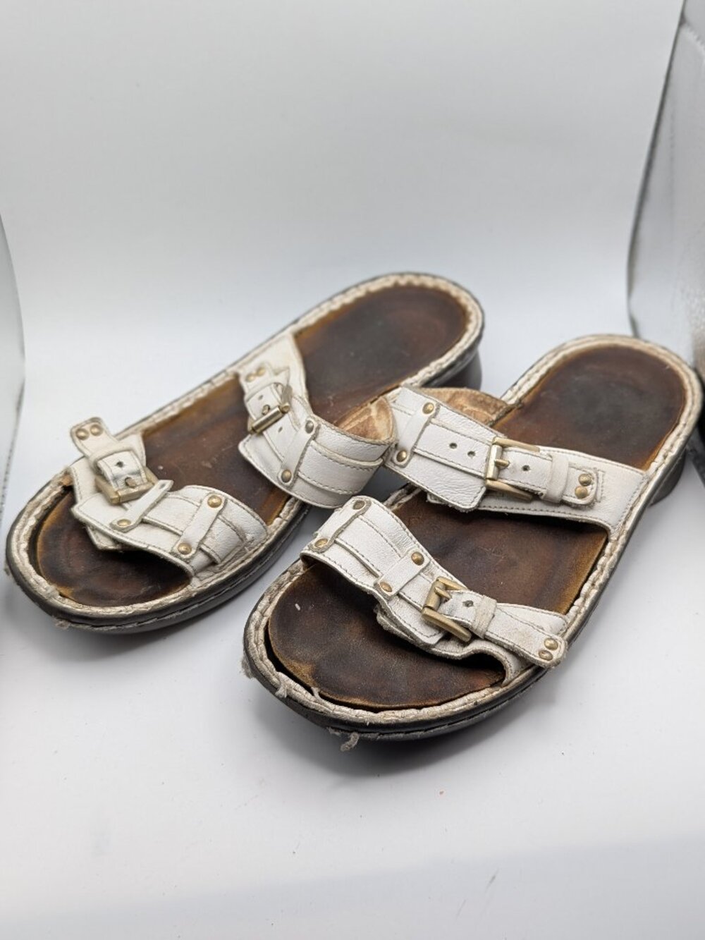 Naot White Leather Double Buckle Slide Sandals
